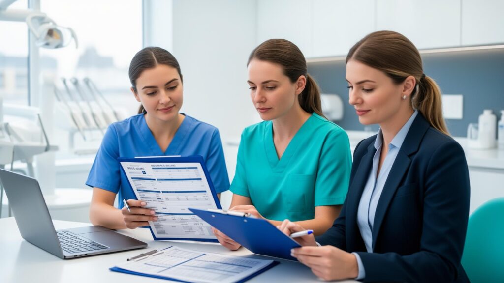 Dental office team reviewing insurance reports